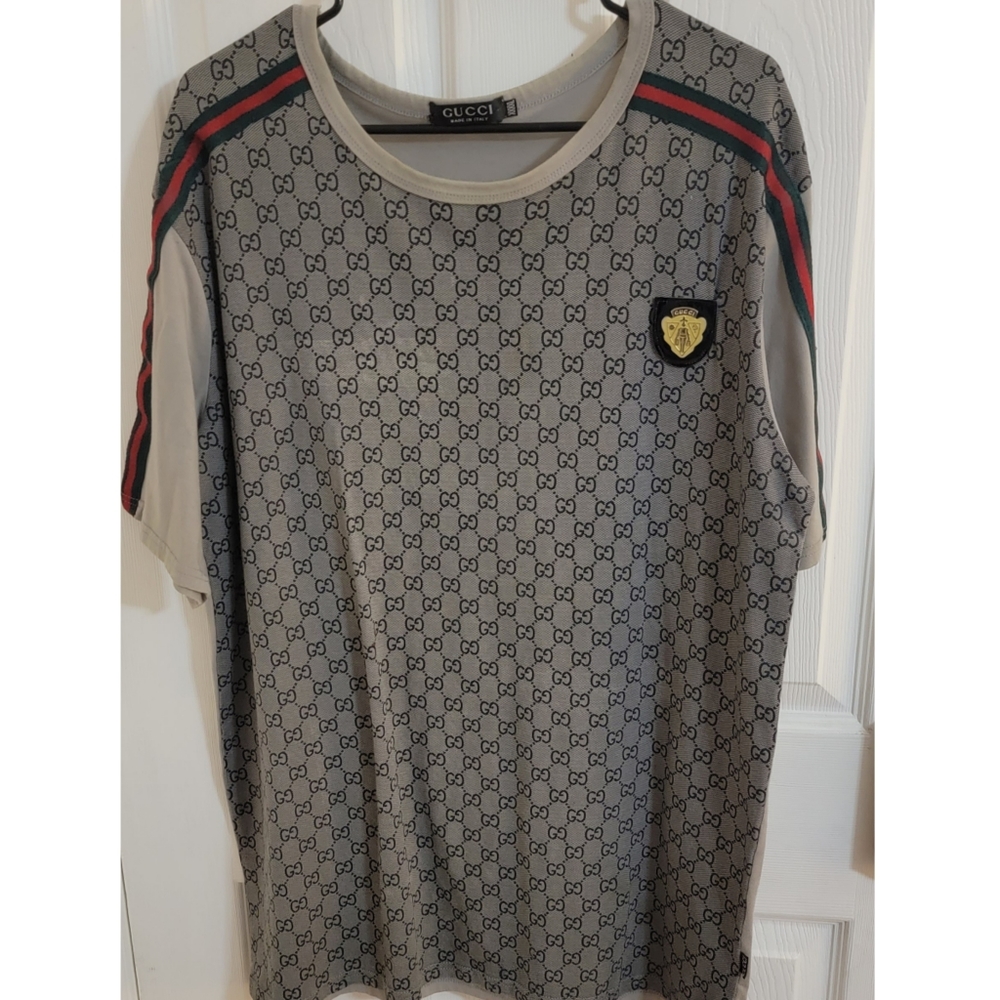 Gucci Monogram GG Authentic 100%Cotton T-shirt Women 4XL Gray/Navy Blue